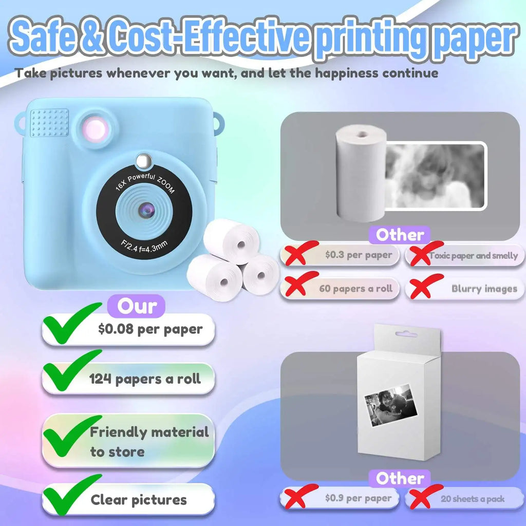 Instant Print Camera for Kids with Video and Digital Zoom