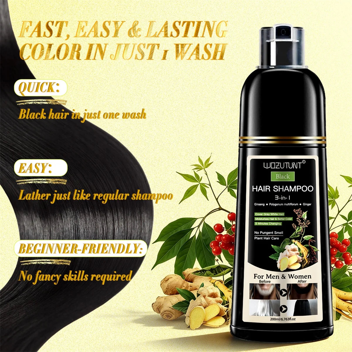 3 in 1 Black Hair Dye Shampoo and Soap for Gray Hair Coverage