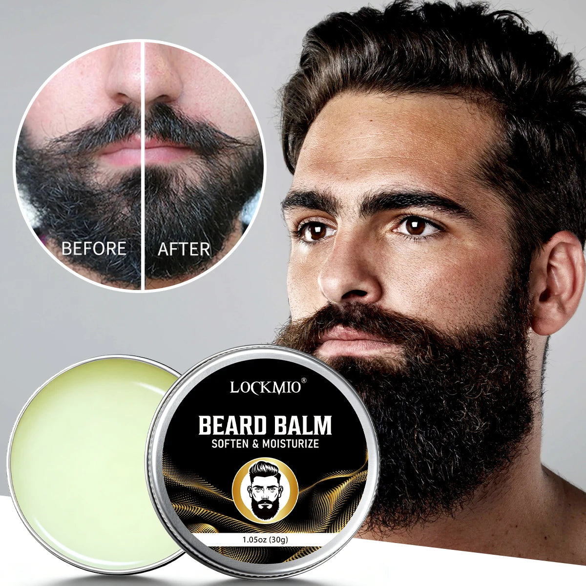 LOCKMIO Beard Care Kit Men Grooming Set Oil Balm and Styling Tools - 5