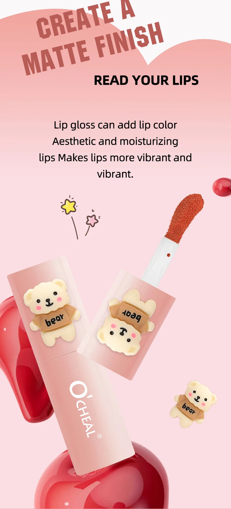 O'CHEAL Teddy Bear Matte Lip Gloss Waterproof Long Lasting Lipstick