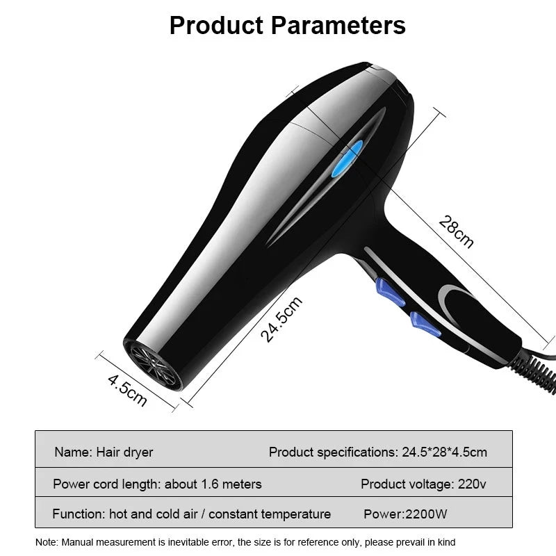 Professional Ionic Hair Dryer 2200W Fast Drying Blow Dryer with Nozzles