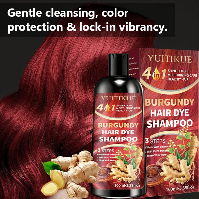 4 in 1 Burgundy Hair Dye Shampoo Natural Ginger Herbal Formula 100ml