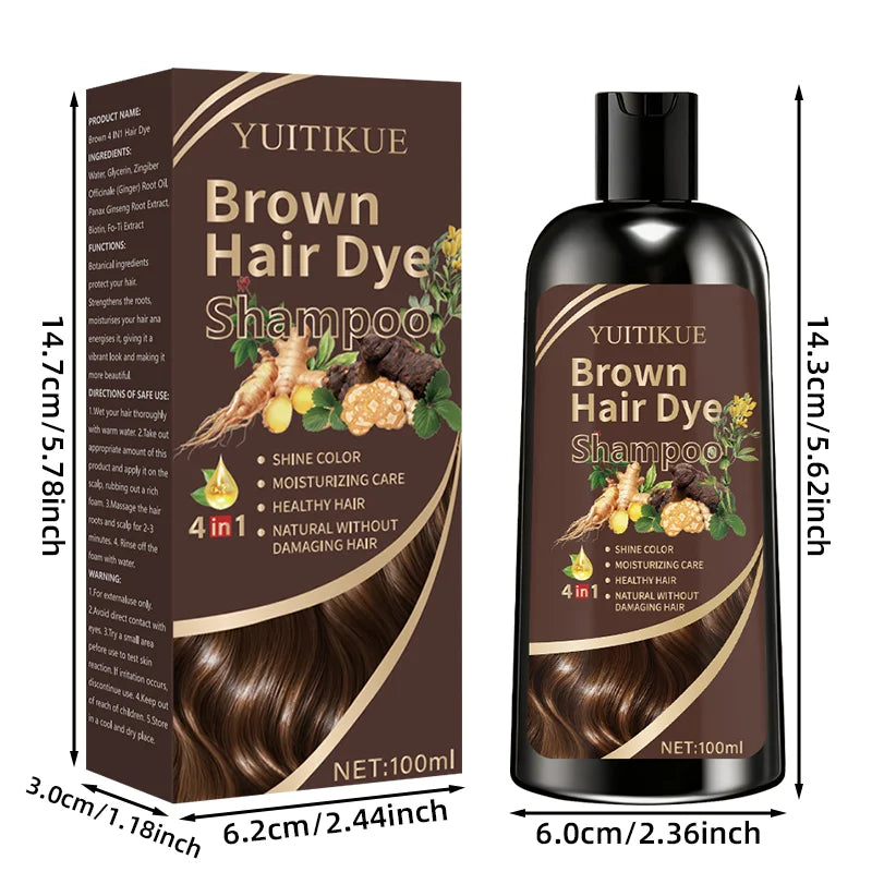 100ml Brown Hair Dye Shampoo 4-in-1 Plant Extract Gray Coverage - 8