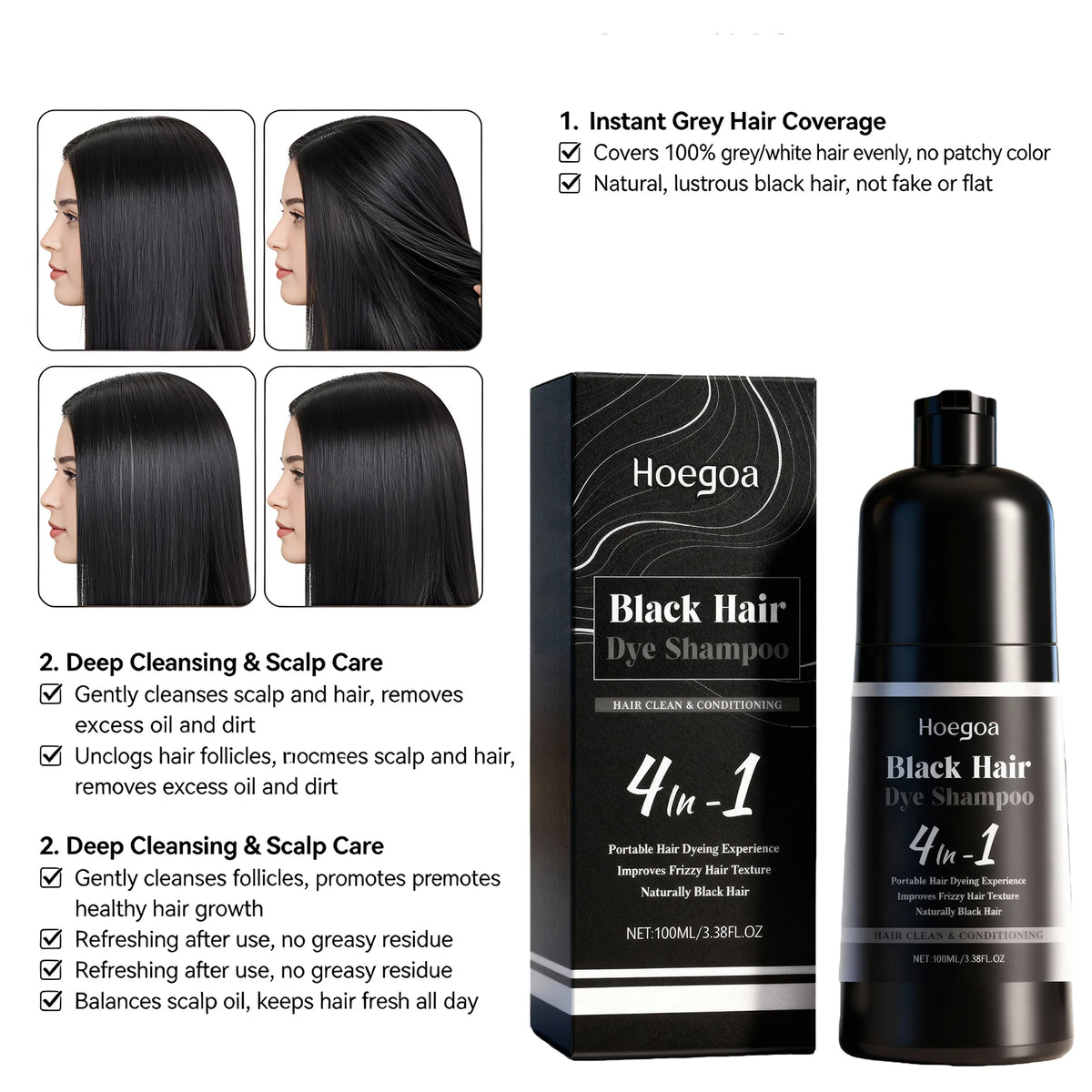 4-in-1 Black Hair Dye Shampoo for Gray Coverage