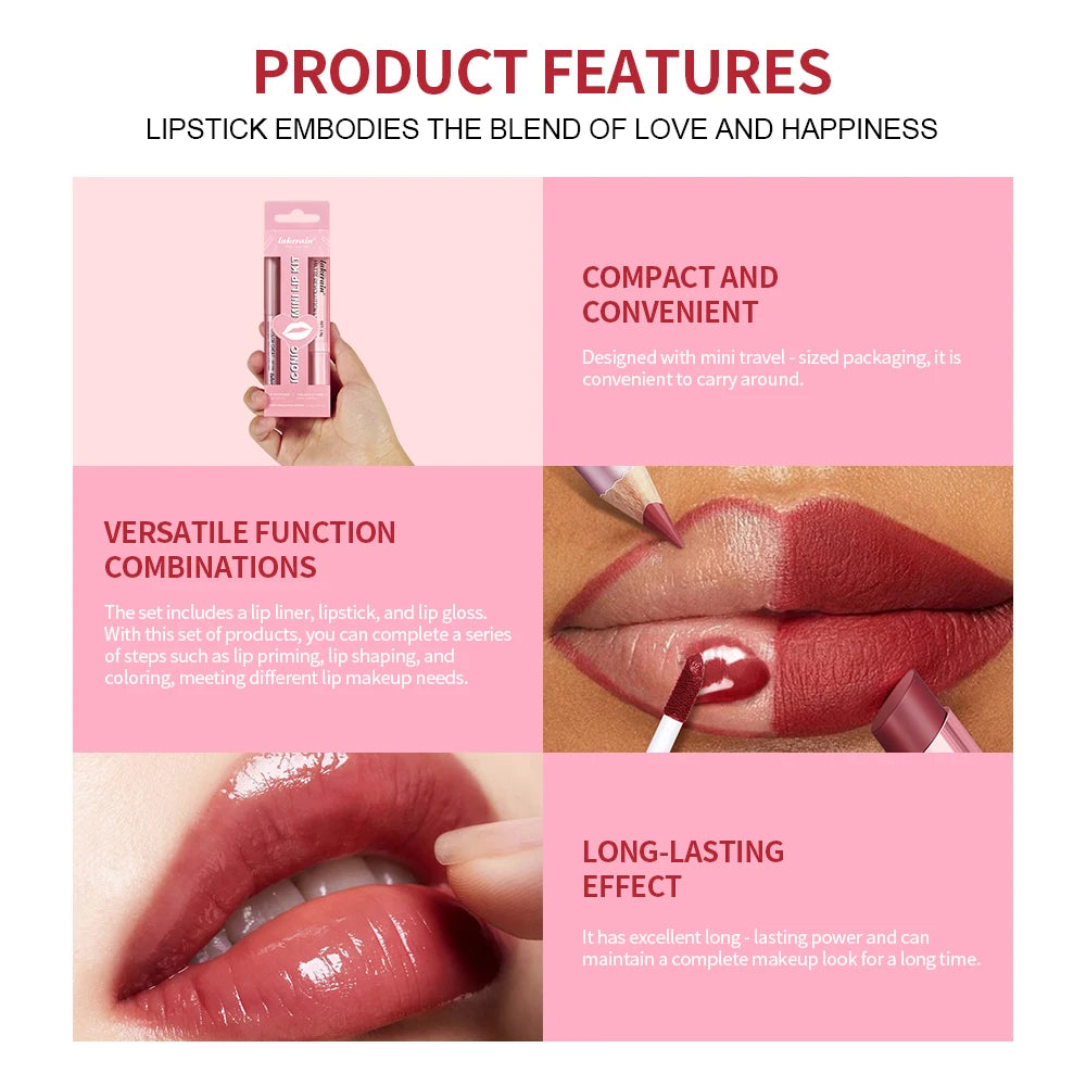All-in-One Waterproof Lip Liner, Lipstick and Gloss Makeup Set
