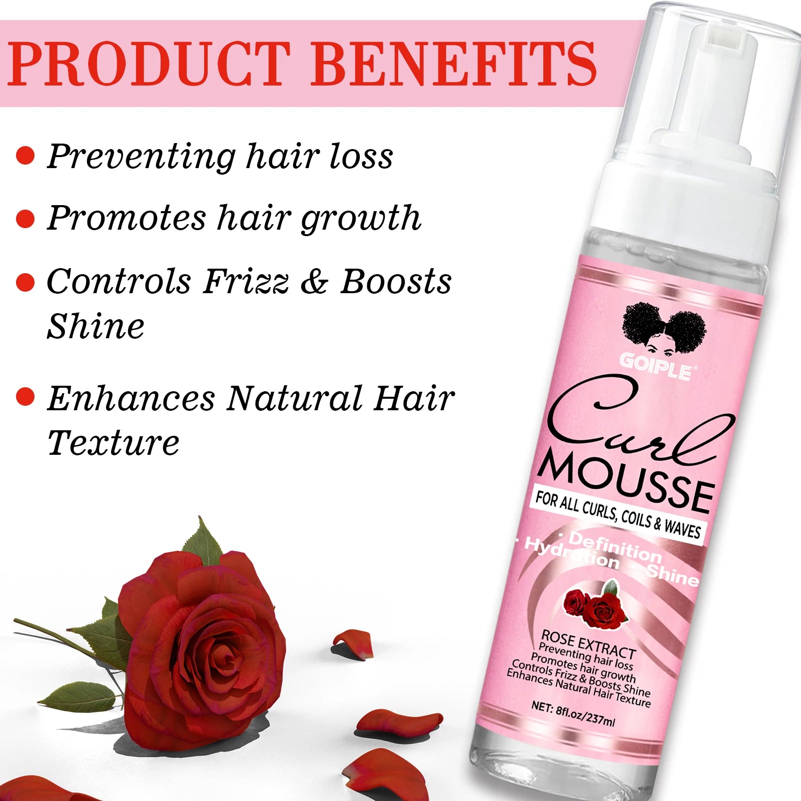 237ml Rose Extract Curl Mousse for Hair Styling and Frizz Control