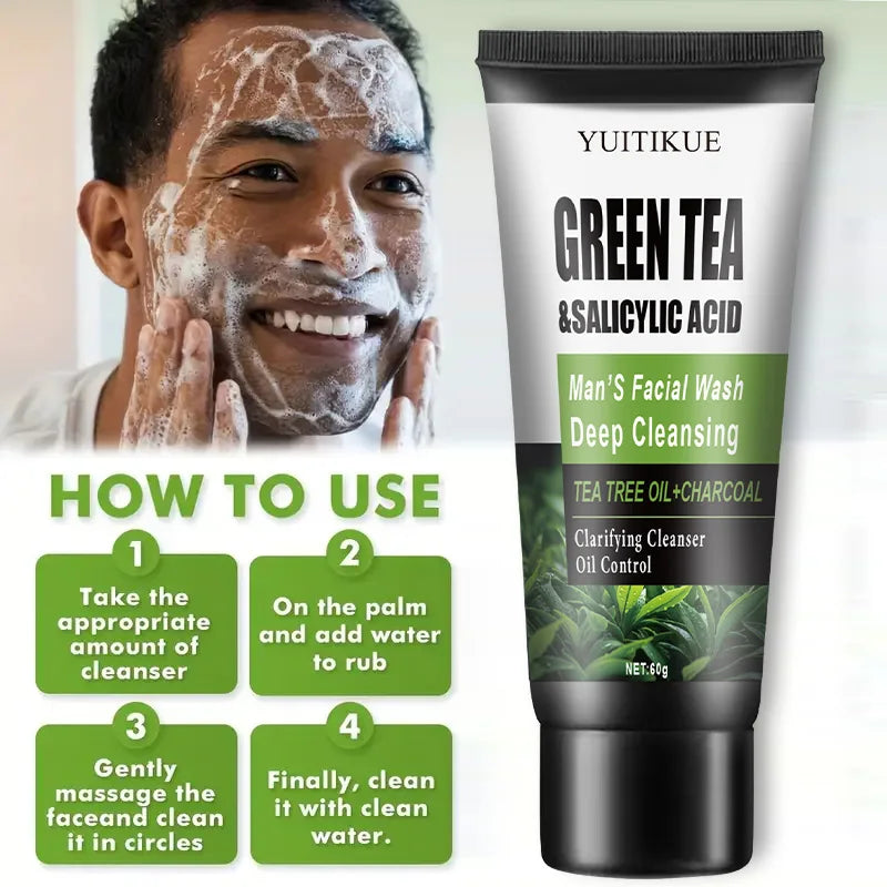 YUITIKUE Mens Facial Wash Green Tea and Salicylic Acid Cleanser 60g