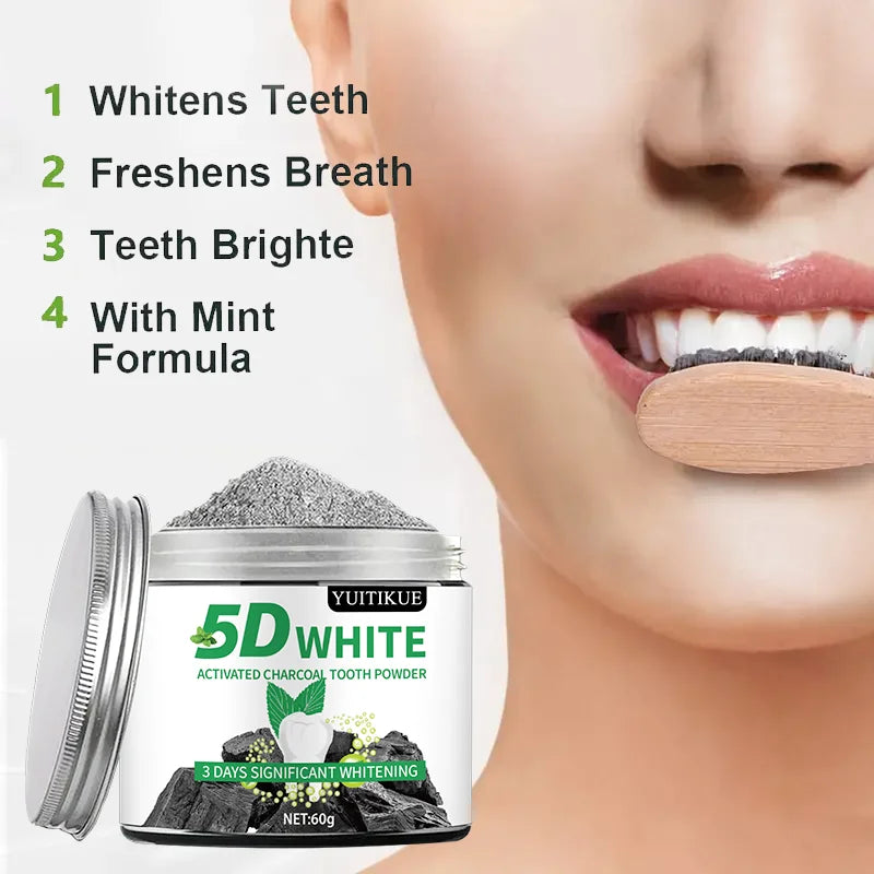 5D White Activated Charcoal Tooth Powder Natural Teeth Whitener 60g