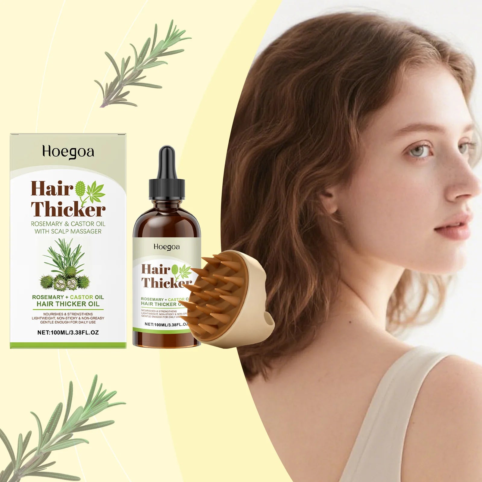 Rosemary Castor Hair Thickening Oil Set with Silicone Scalp Massager