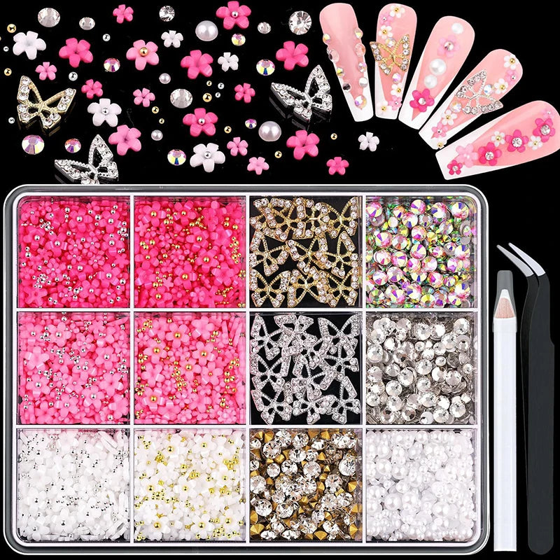 3D Mixed Nail Art Decorations with Bows Flowers and Pearls