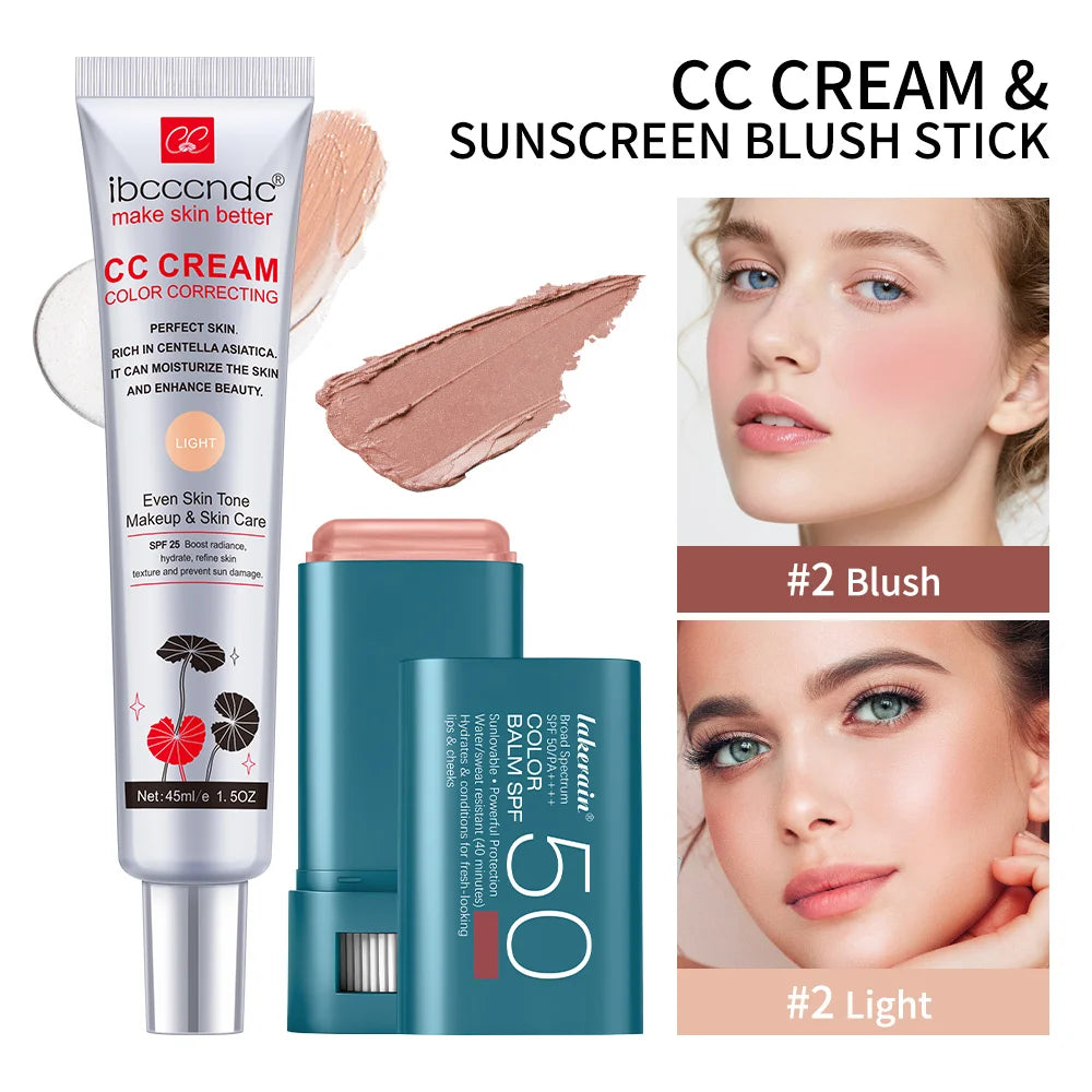 Color Correcting CC Cream and Sunscreen Blush Stick Set
