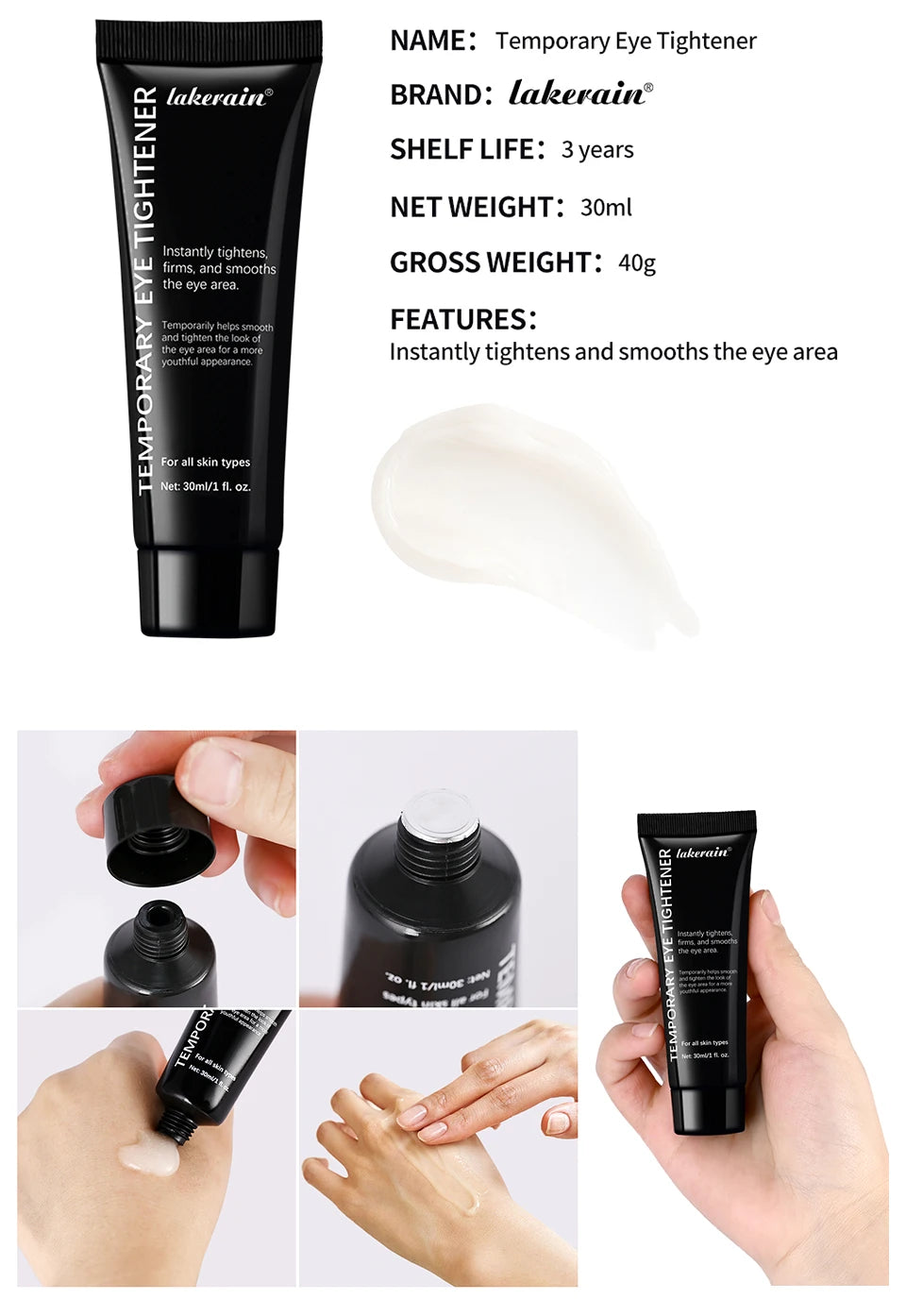 Temporary Anti-Aging Eye Tightening Cream for Wrinkles and Puffiness