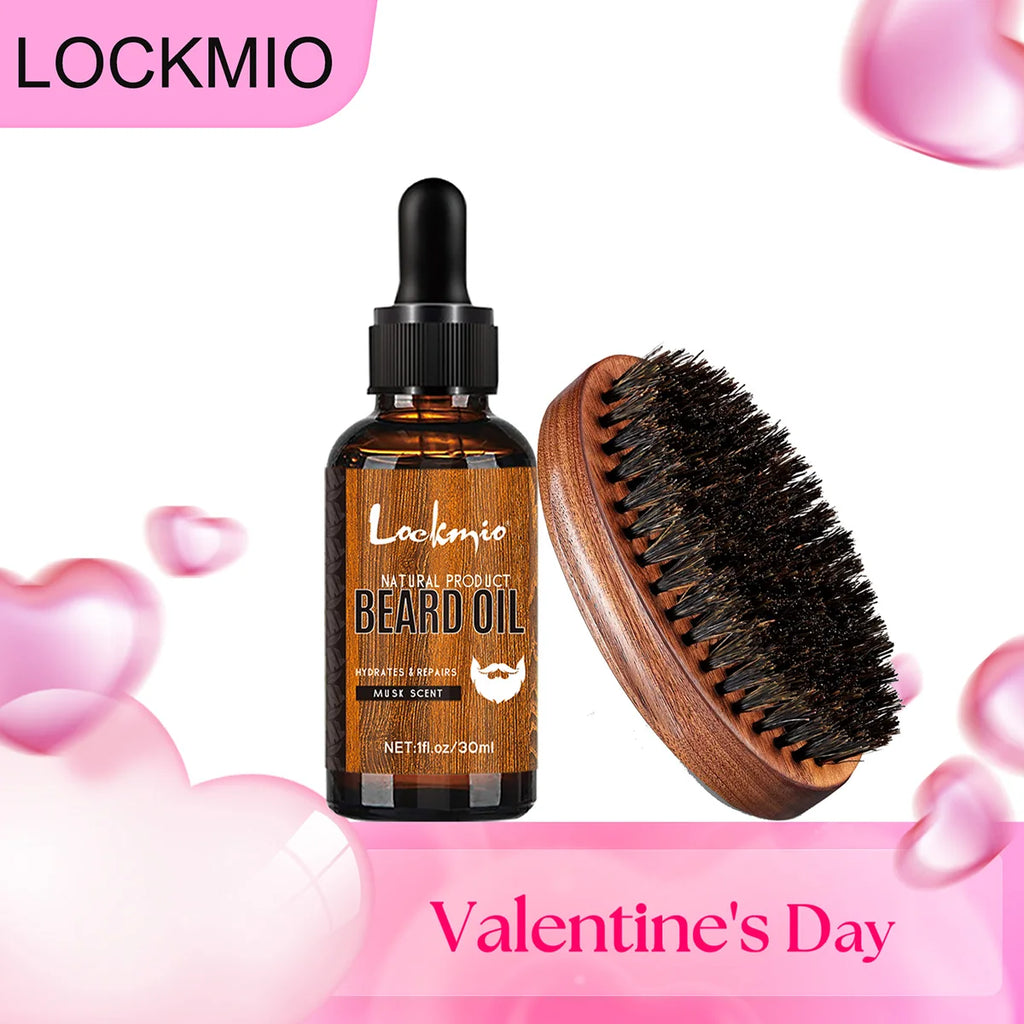 Lockmio Men Beard Oil and Grooming Brush Set Musk Scent