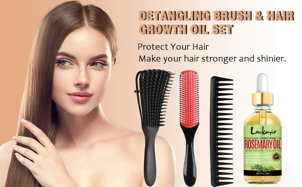 Lockmio Rosemary Hair Growth Oil and Curly Hair Detangling Brush Set