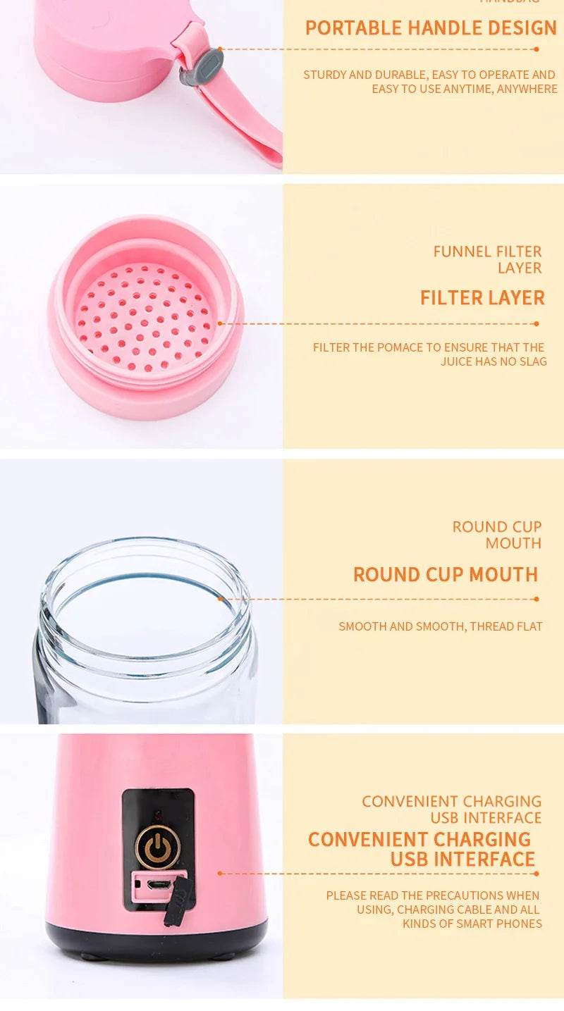 Portable USB Mini Juicer Blender 6 Blade Fruit Mixer Cup - 12