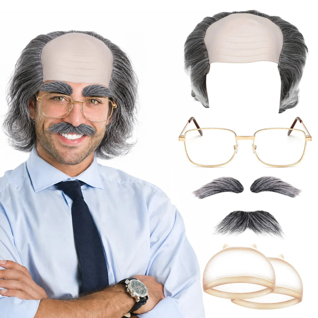 Old Man Bald Cap and Wig Set Costume Kit for Cosplay