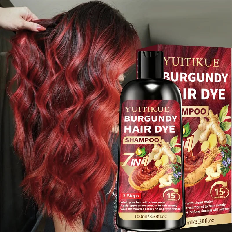 100ml Burgundy Herbal Hair Dye Shampoo 7 in 1 Color Treatment