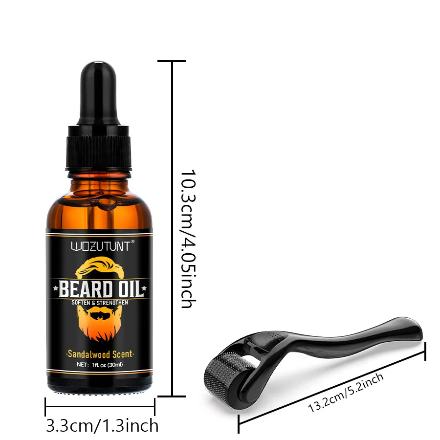 Beard Growth Kit Sandalwood Beard Oil and Facial Hair Roller for Men