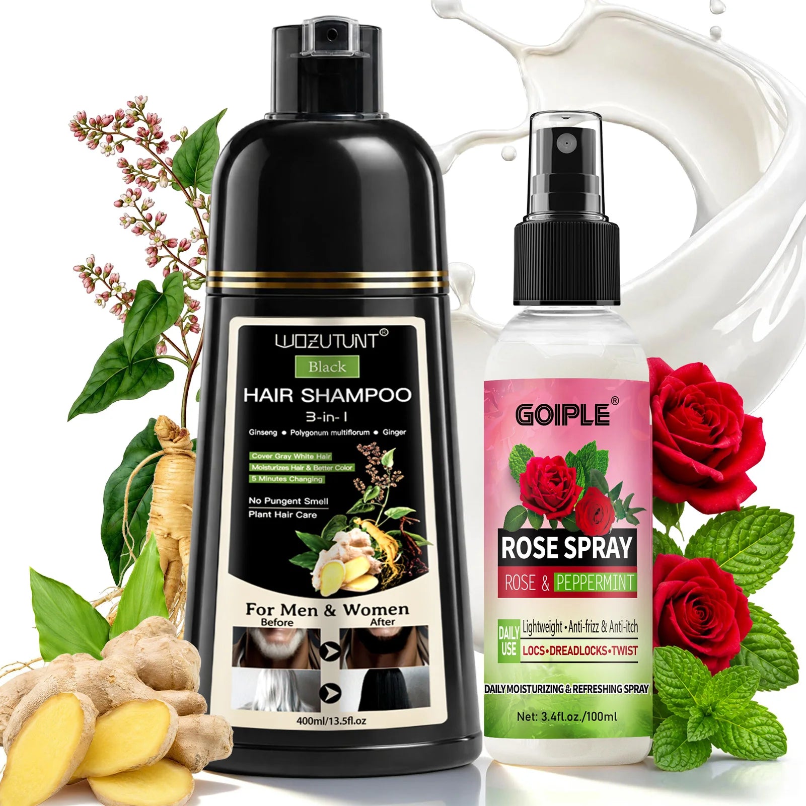 3-in-1 Black Hair Dye Shampoo and Rose Peppermint Moisturizing Spray - 1