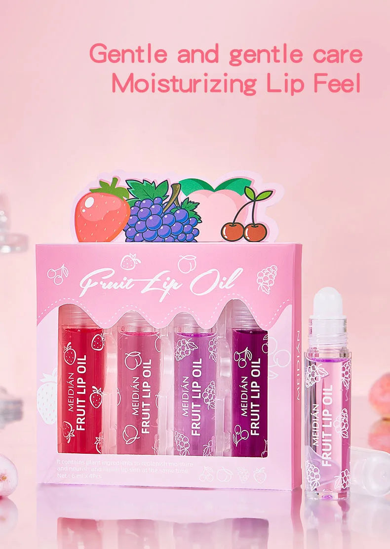 4 Piece Fruit Lip Oil Set Moisturizing Gloss for Dry Lips