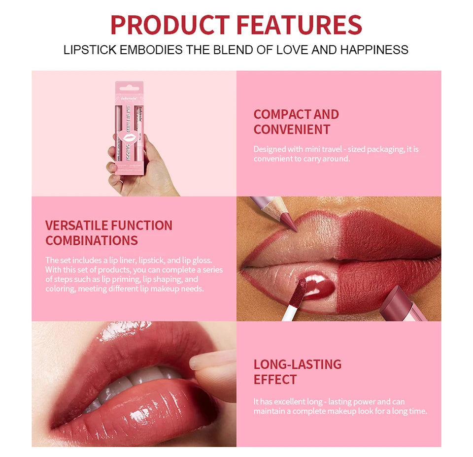 All-in-One Waterproof Lip Liner, Lipstick and Gloss Makeup Set