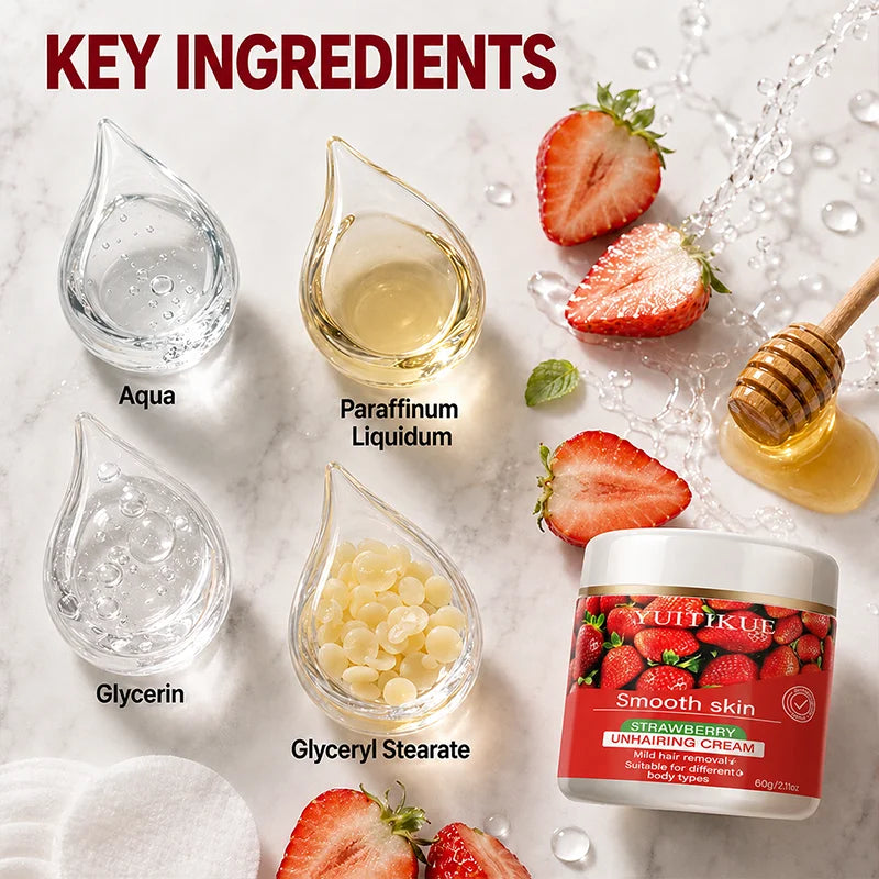 YUITIKUE Strawberry Hair Removal Cream Gentle Body Depilatory 60g - 11