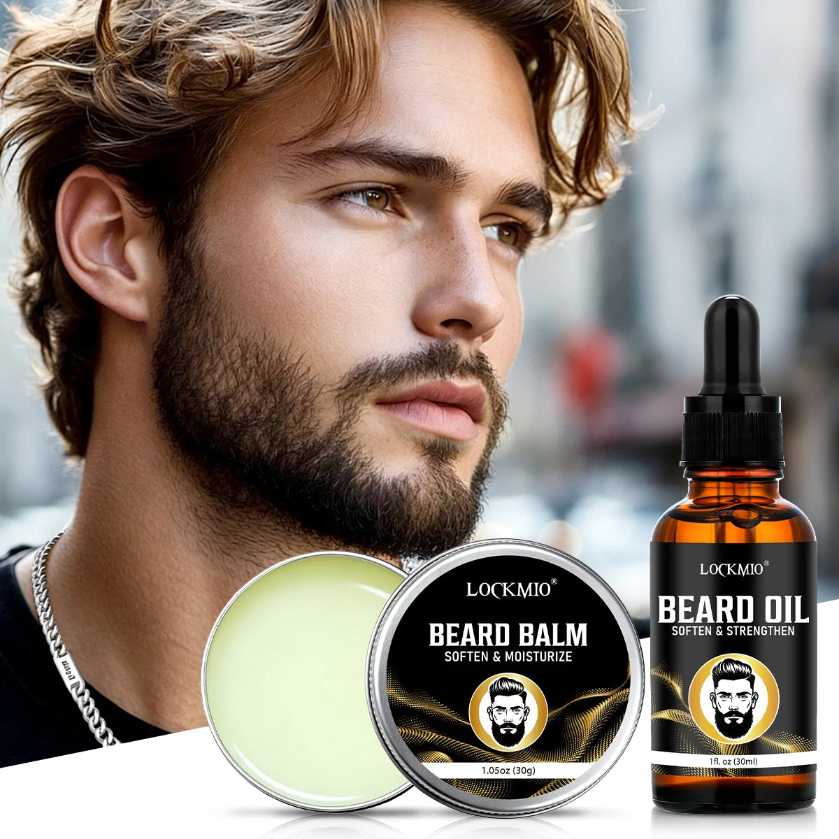LOCKMIO Beard Growth Oil Balm and Brush Grooming Kit for Men - 6