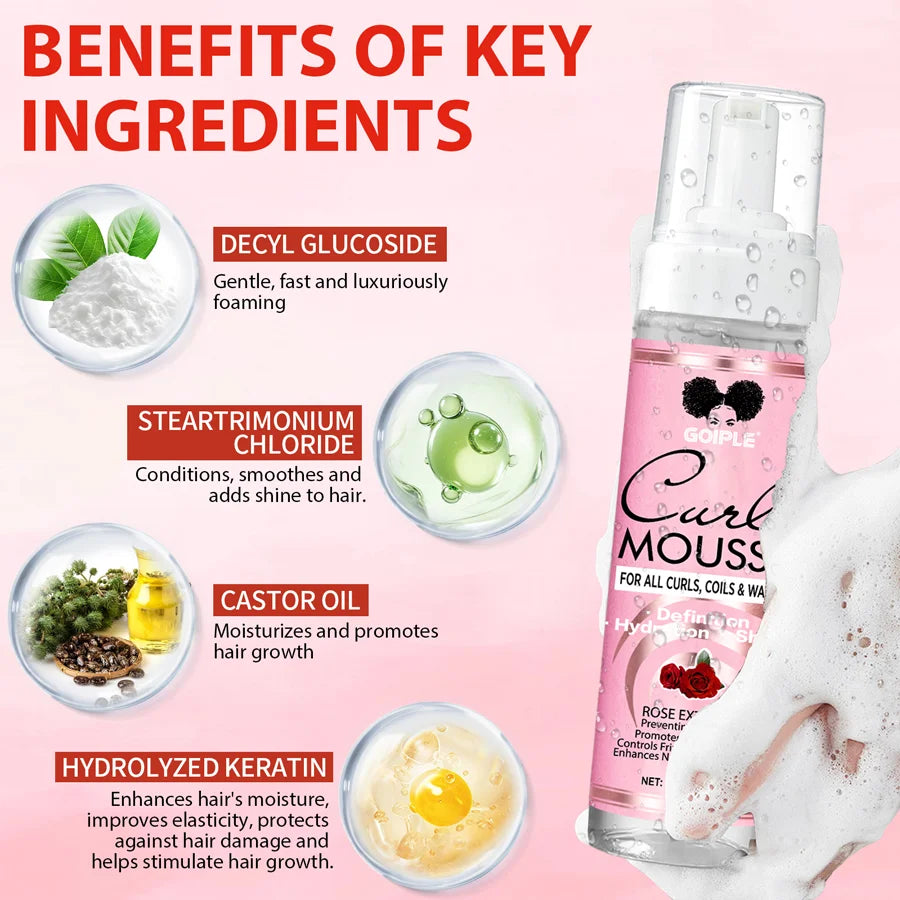 237ml Rose Extract Curl Mousse for Hair Styling and Frizz Control