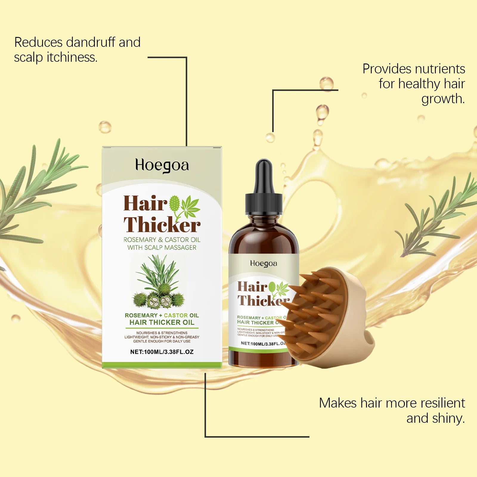 Rosemary Castor Hair Thickening Oil Set with Silicone Scalp Massager