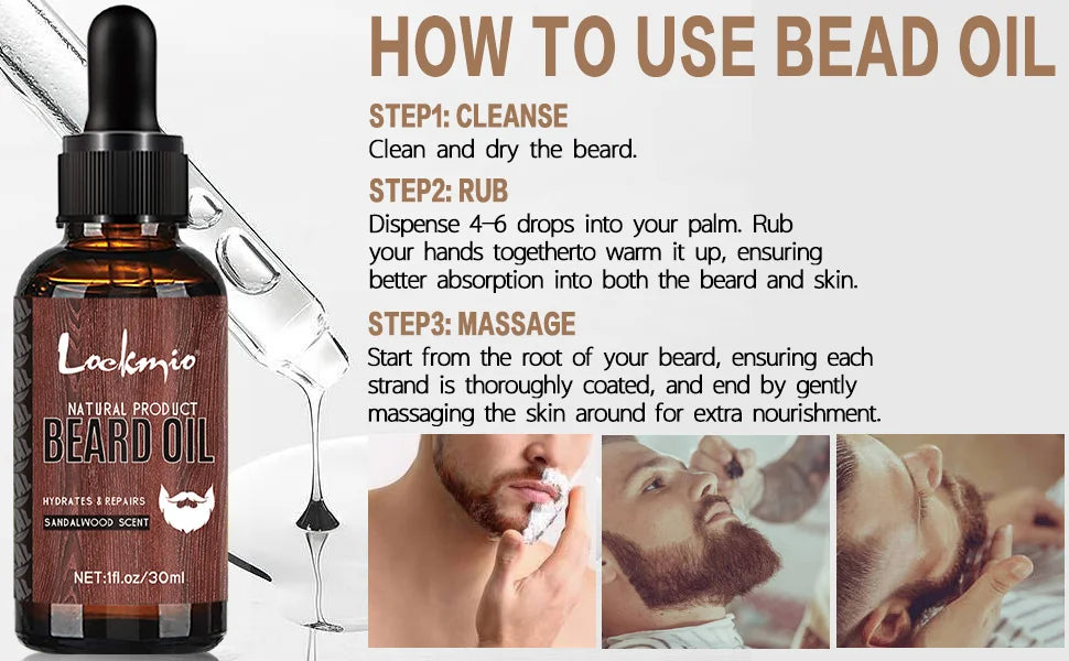 Lockmio Natural Beard Growth Oil Sandalwood Scent Grooming Treatment - 11