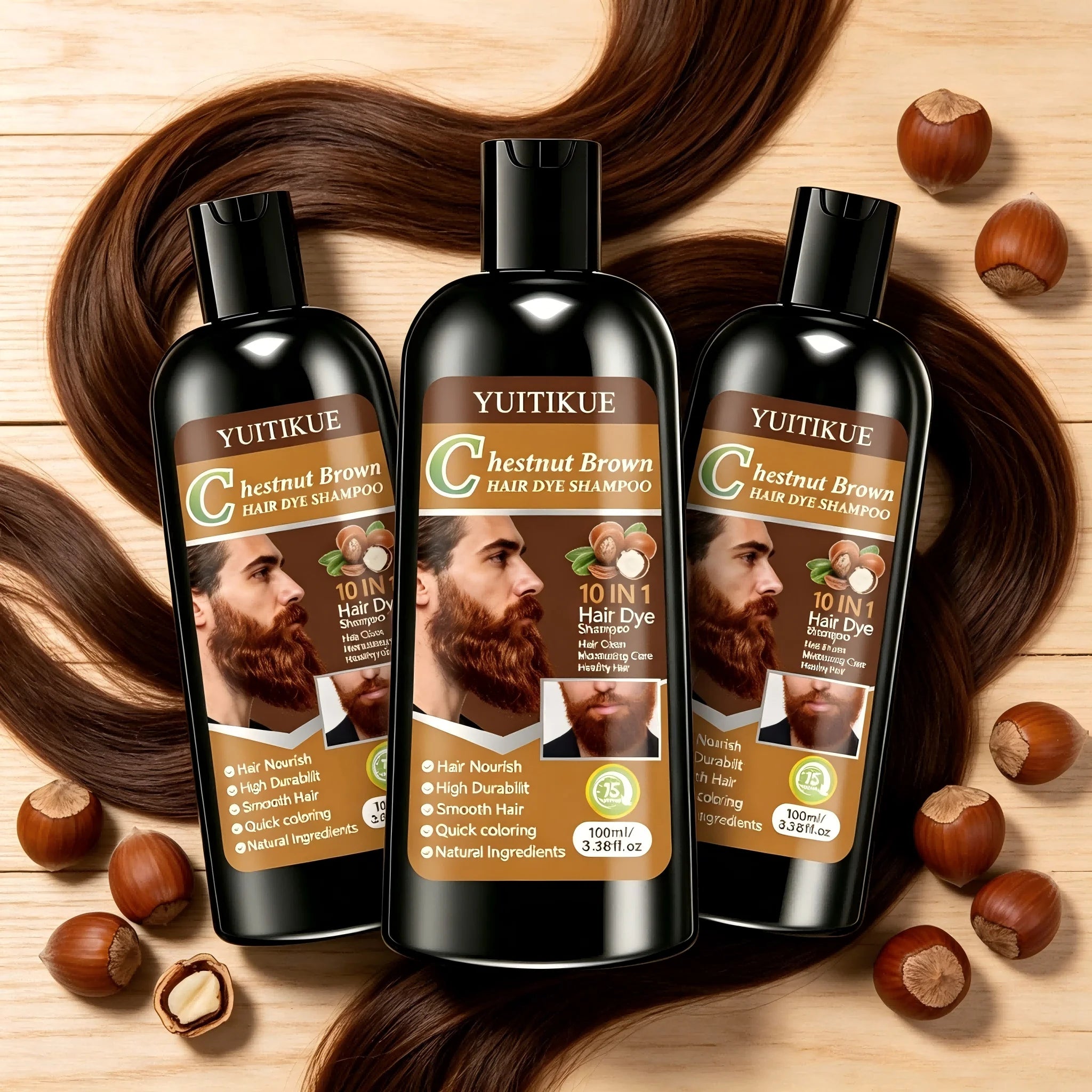 Chestnut Brown Hair Dye Shampoo 100ml 10-in-1 Color Nourishing Treatment