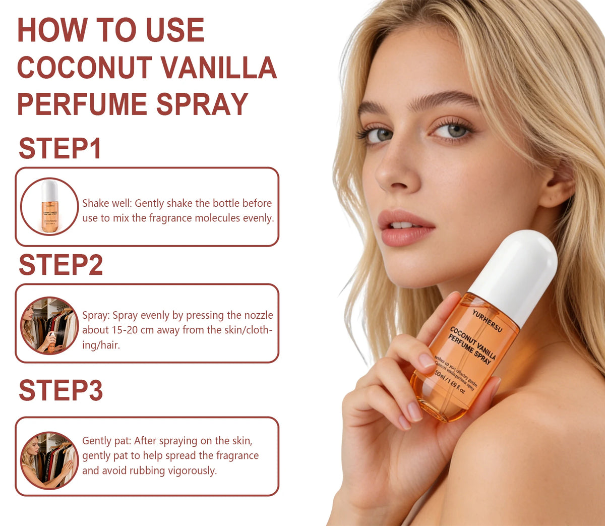 Yurhersu Coconut Vanilla Perfume Spray Long Lasting Fragrance Mist 50ml