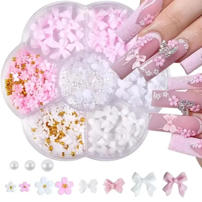 3D Mixed Nail Art Decorations with Bows Flowers and Pearls