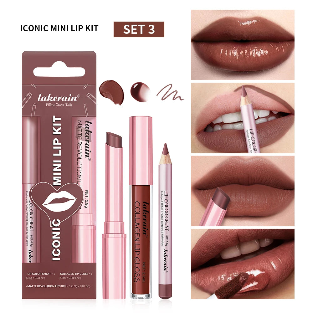 3-Piece Waterproof Matte Lipstick and Lip Liner Makeup Set