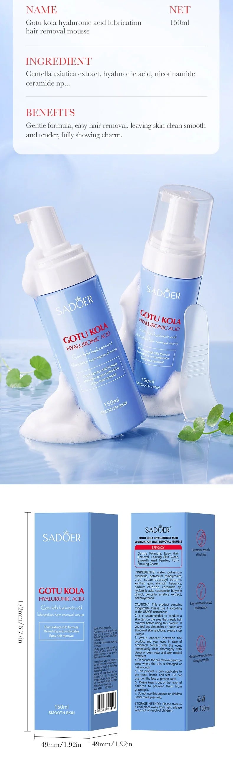 Sadoer Centella Hyaluronic Acid Hair Removal Mousse Gentle Body Foam