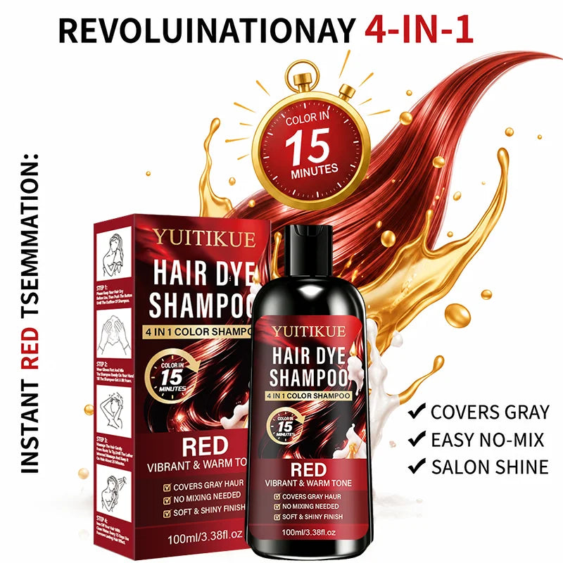 YUITIKUE 4-in-1 Red Hair Dye Shampoo Fast Grey Coverage 100ml - 4