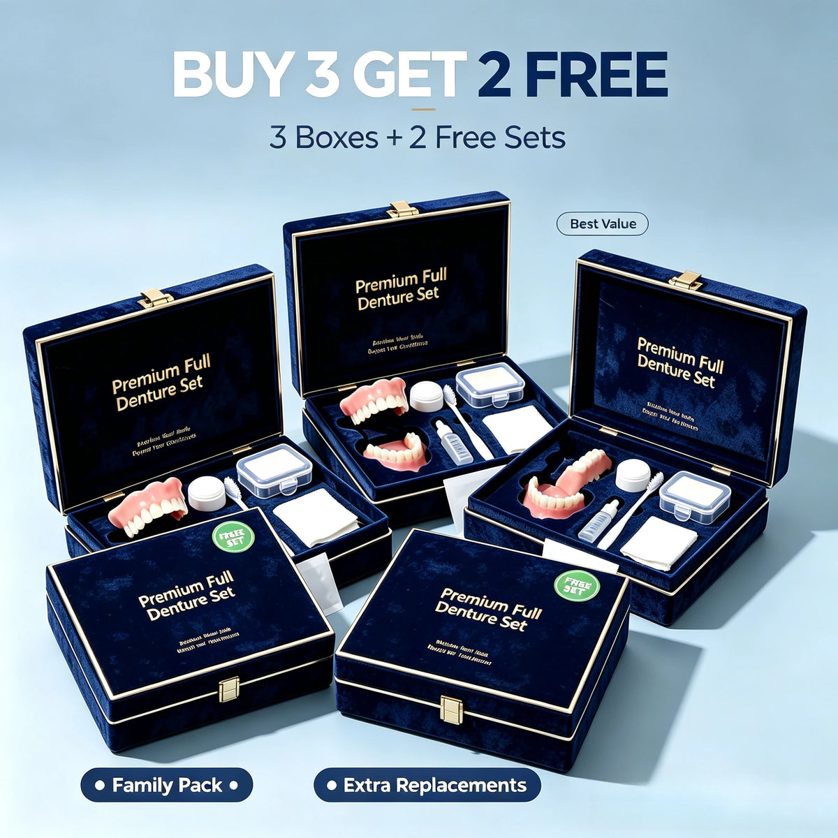 Full Mouth Denture Set with Cleaning Tools and Storage Case