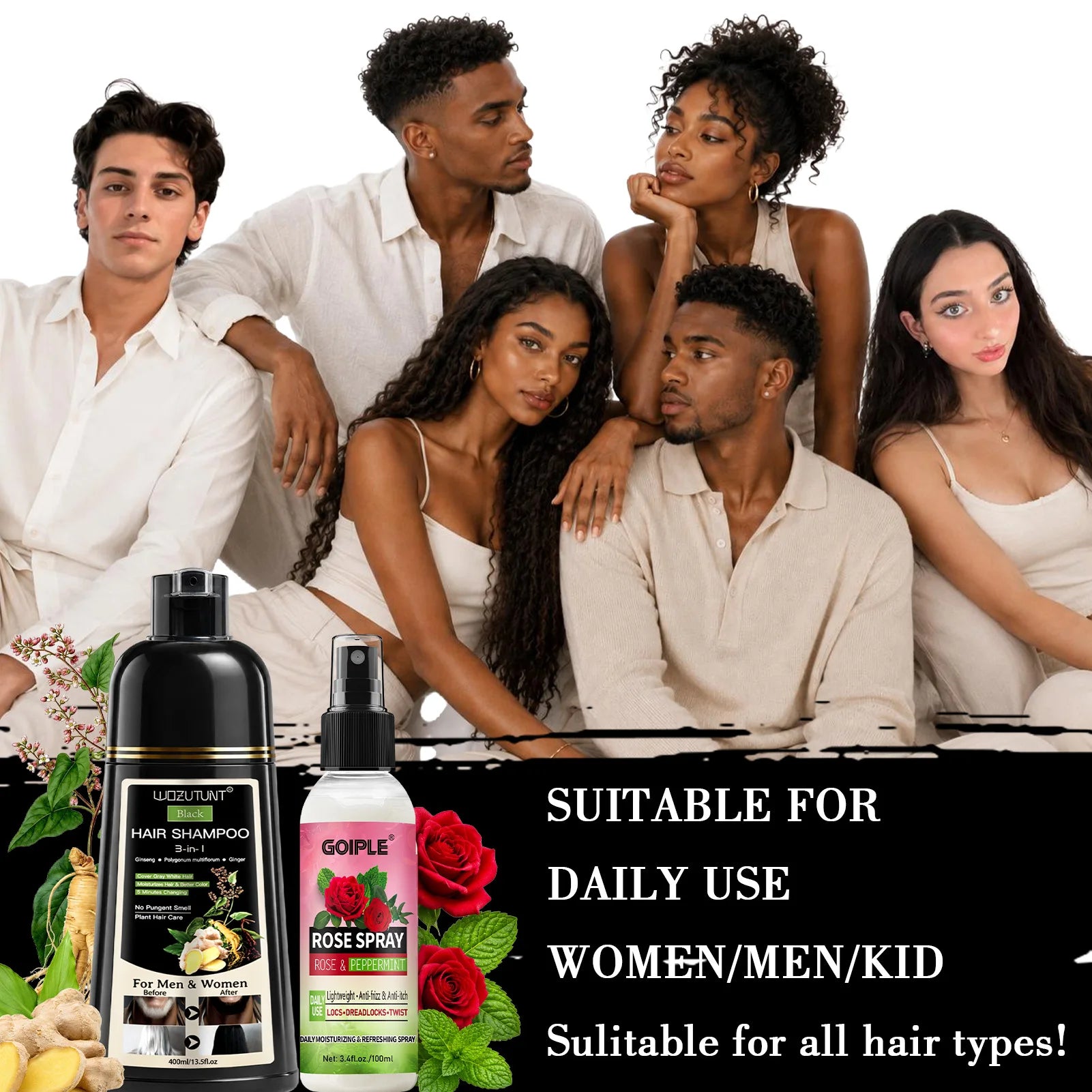 3-in-1 Black Hair Dye Shampoo and Rose Peppermint Moisturizing Spray - 15
