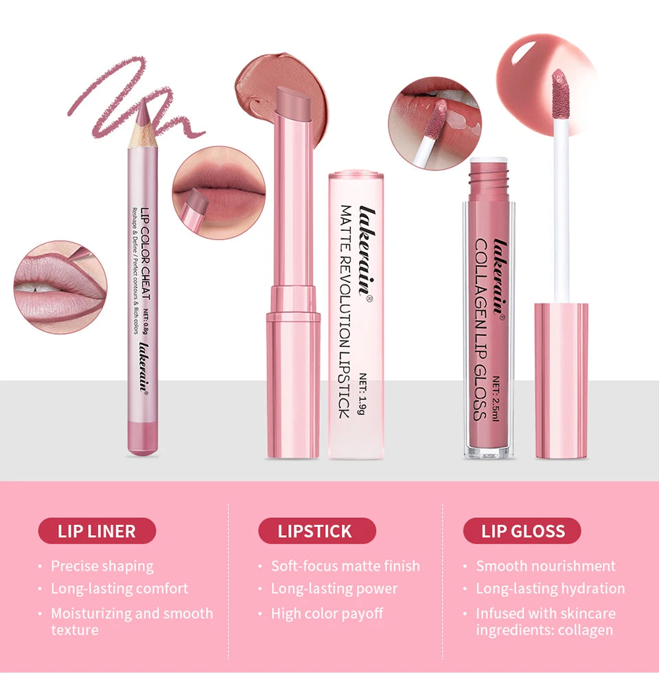 All-in-One Waterproof Lip Liner, Lipstick and Gloss Makeup Set