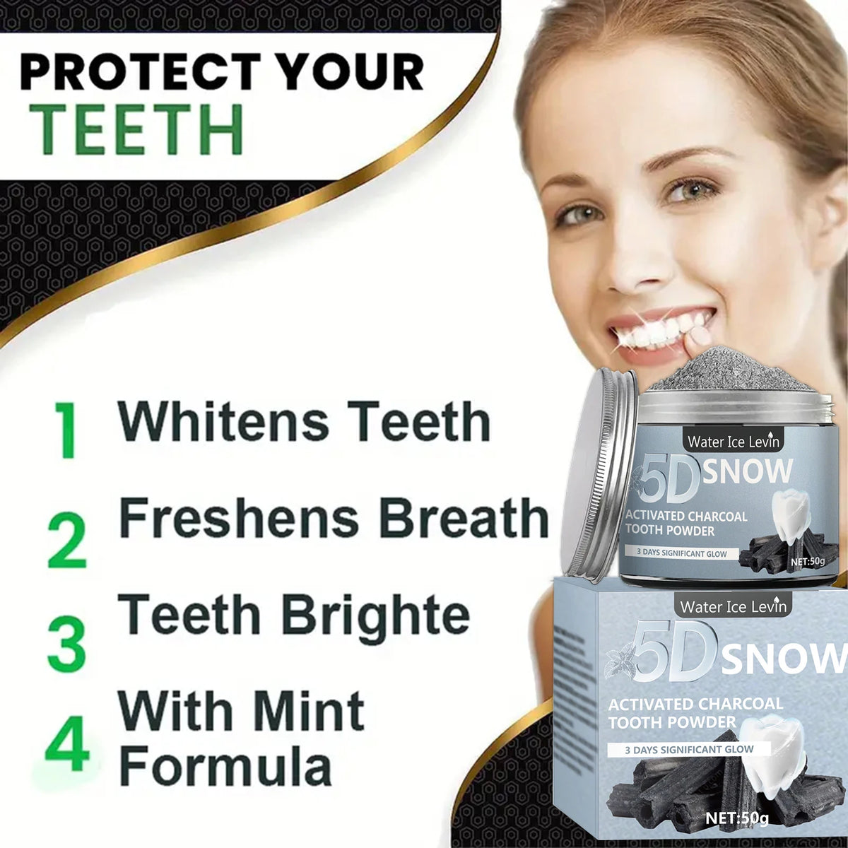 Water Ice Levin Bamboo Charcoal Teeth Whitening Powder 50g