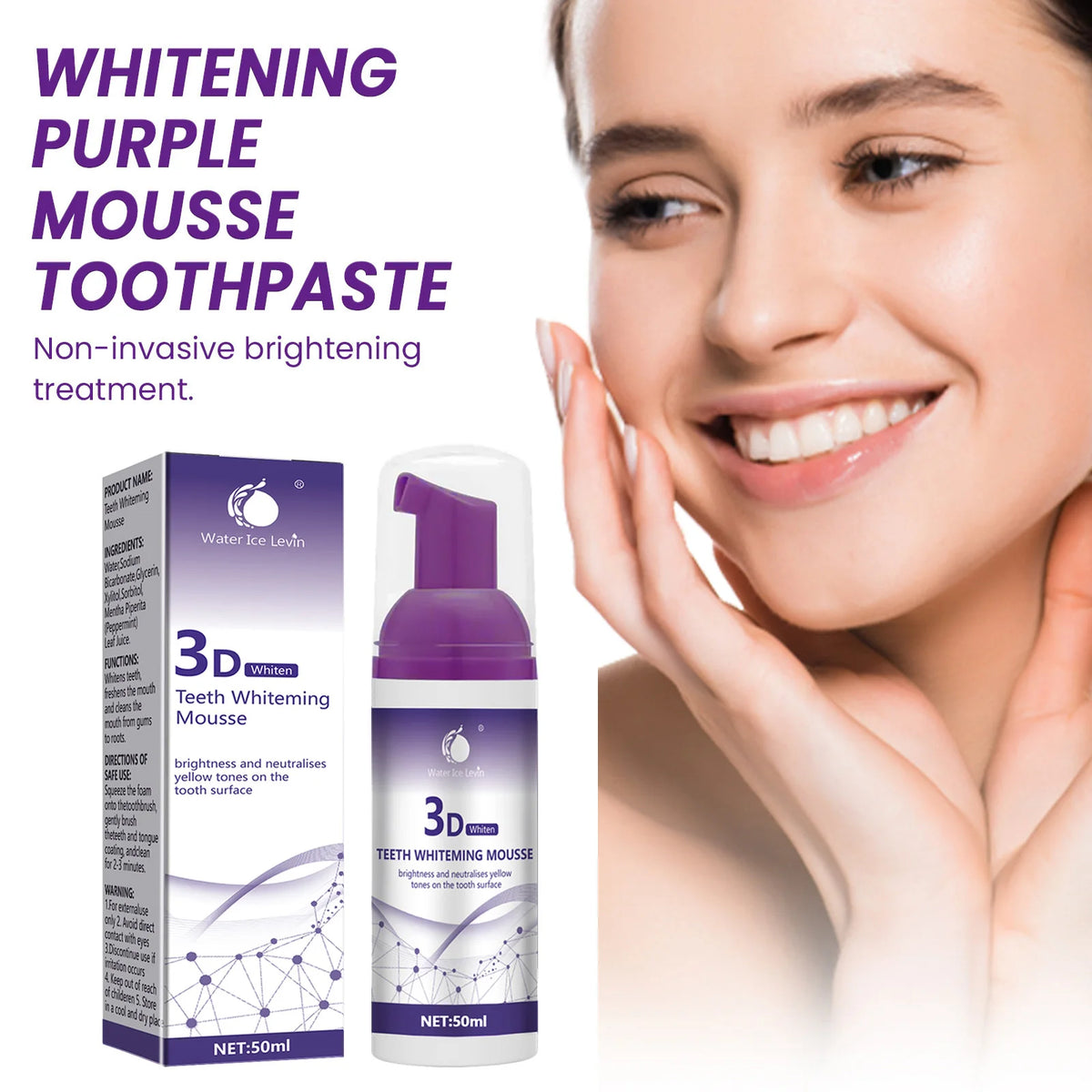 Purple Teeth Whitening Mousse Deep Cleaning Foam Toothpaste 50ml