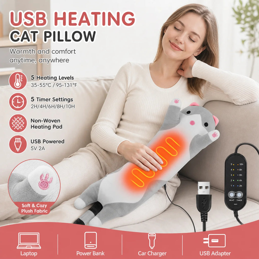 Heated Cat Hand Warmer Pillow with 5 Heat Settings