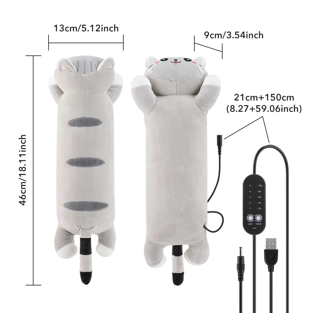 Cute Cat Heated Plush Pillow for Period Cramps and Back Pain