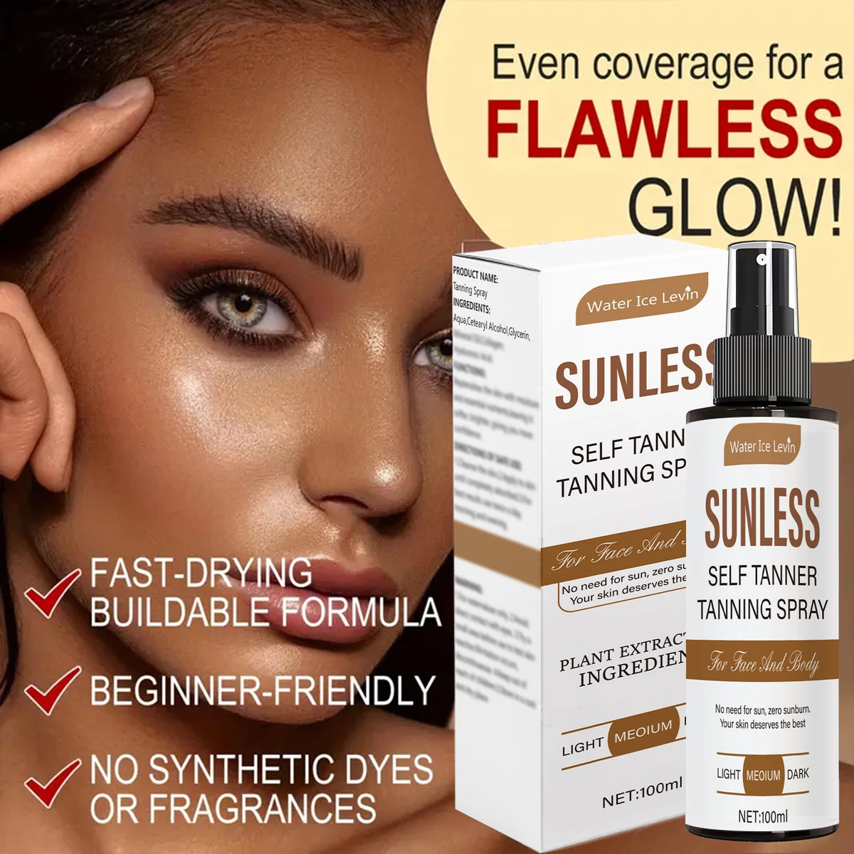 Self-Tanning Spray Sunless Bronzer for Natural Glow Face and Body
