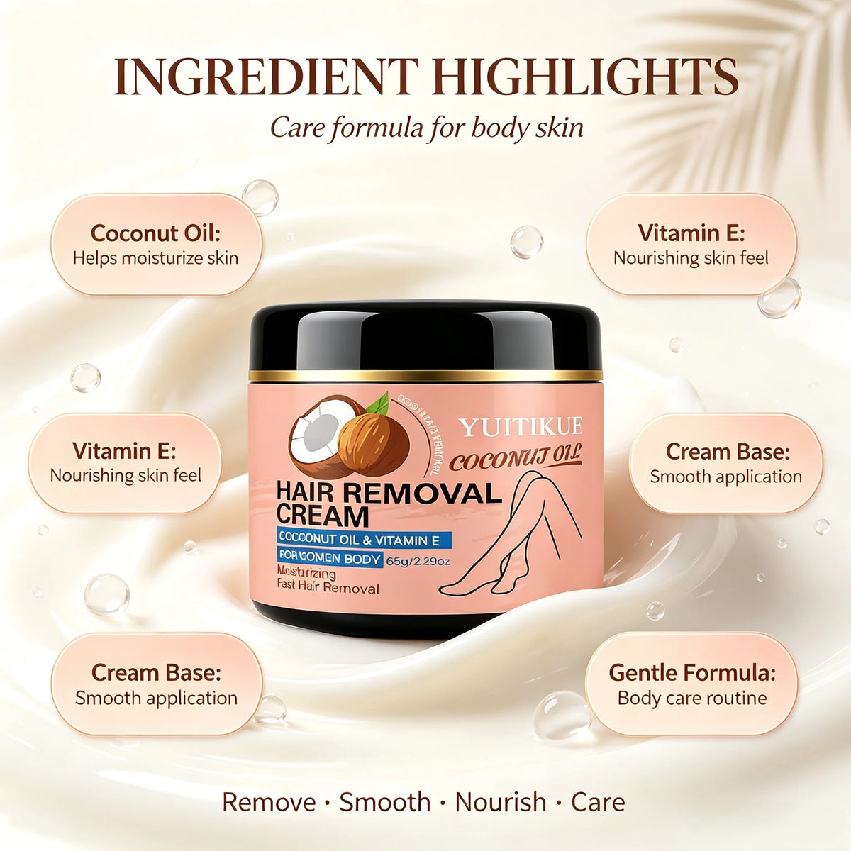 YUITIKUE Coconut Oil Hair Removal Cream Gentle Depilatory for Women