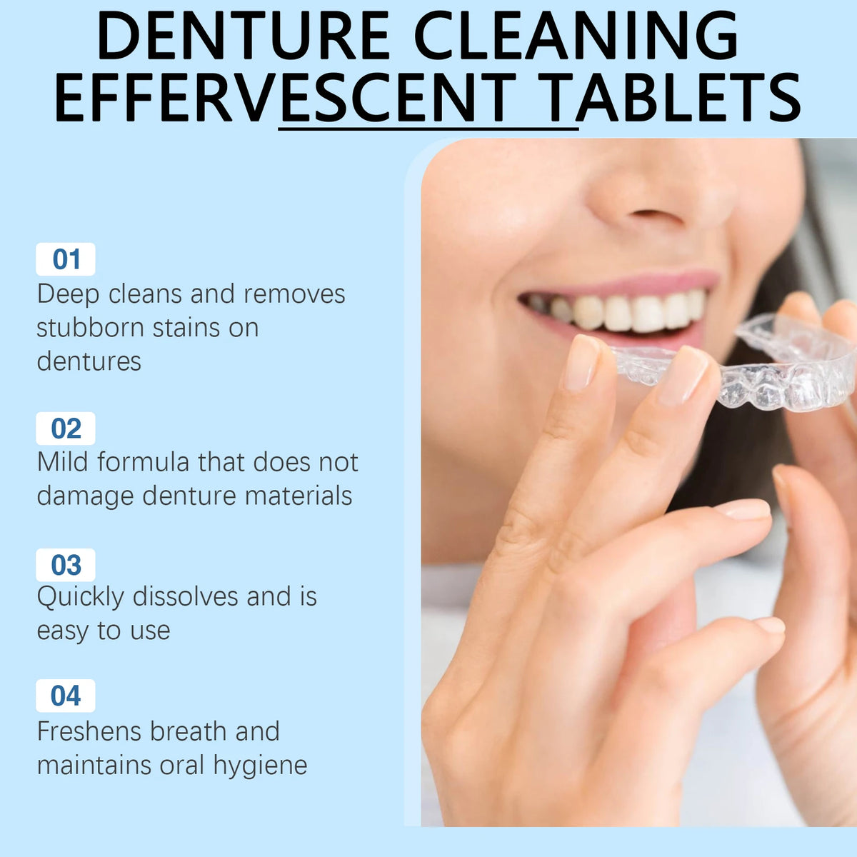 Effervescent Denture Cleaning Tablets for Freshness and Stain Removal
