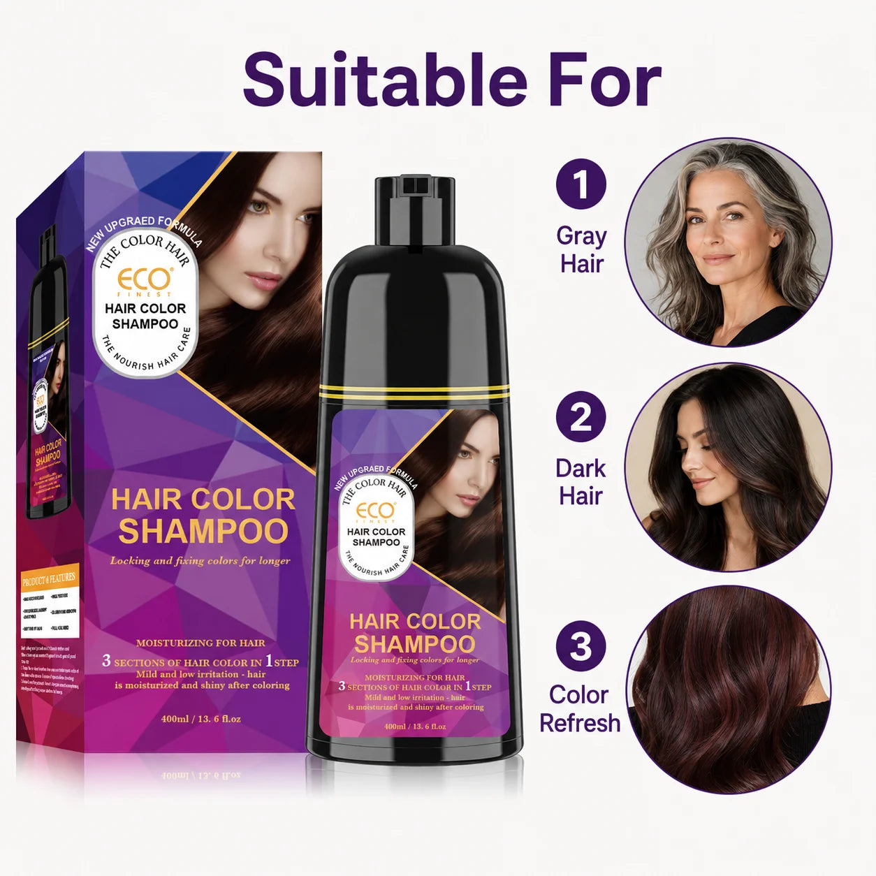 400ml 3 in 1 Hair Color Dye Shampoo for Gray Coverage