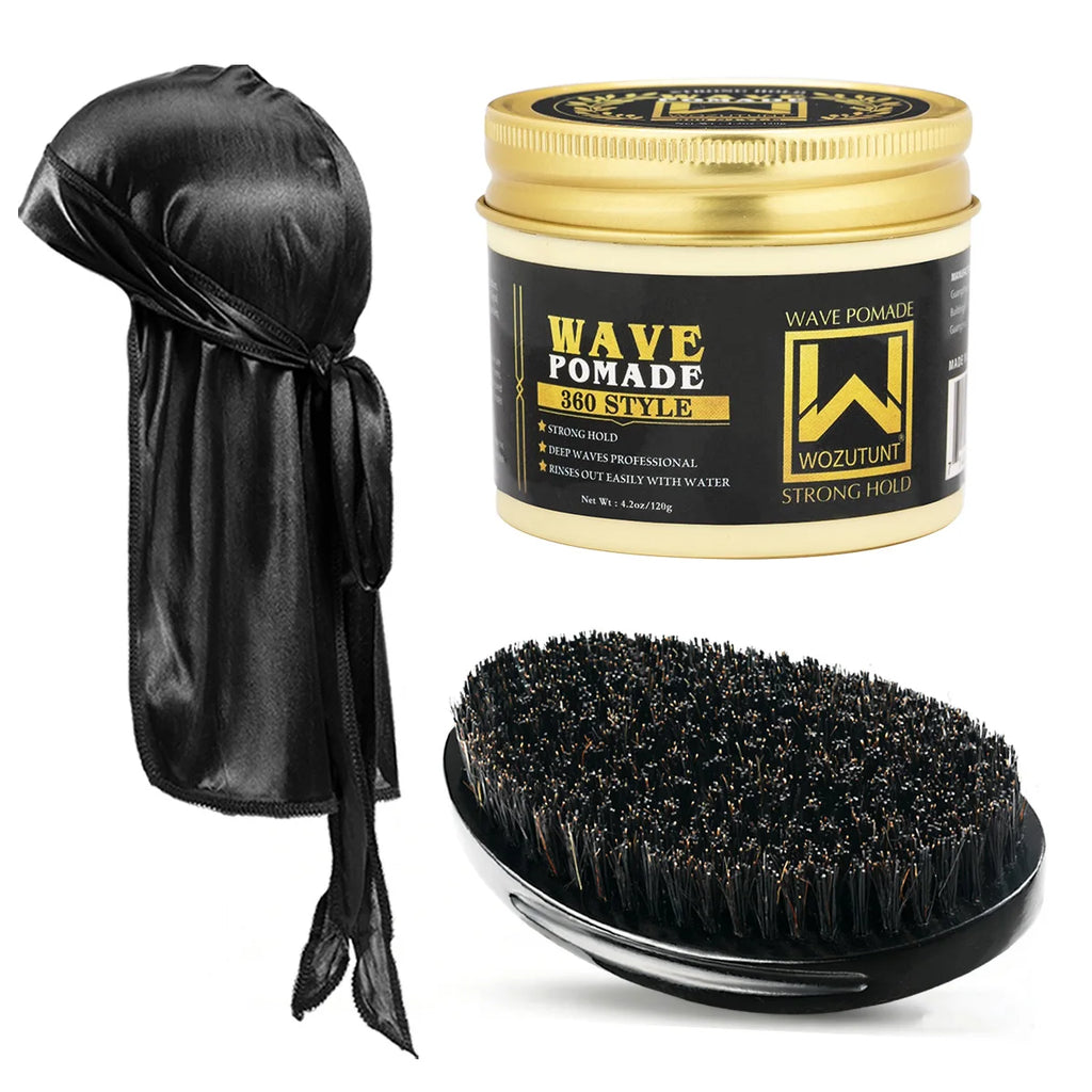 Shea Butter Hair Pomade with Wave Brush and Silk Rag Cap Set