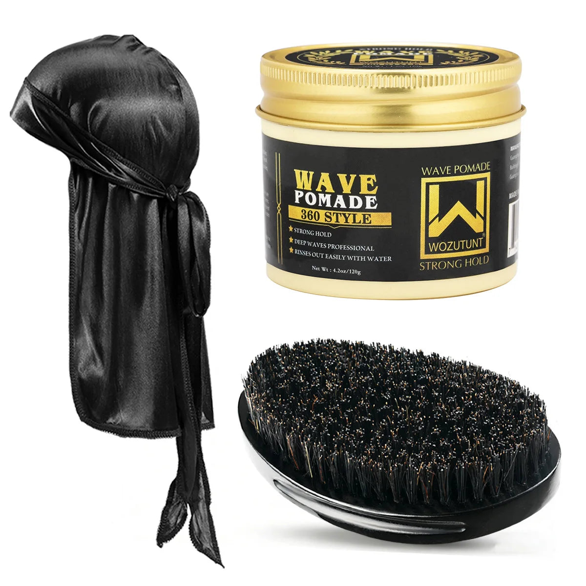 Shea Butter Hair Pomade with Wave Brush and Silk Rag Cap Set