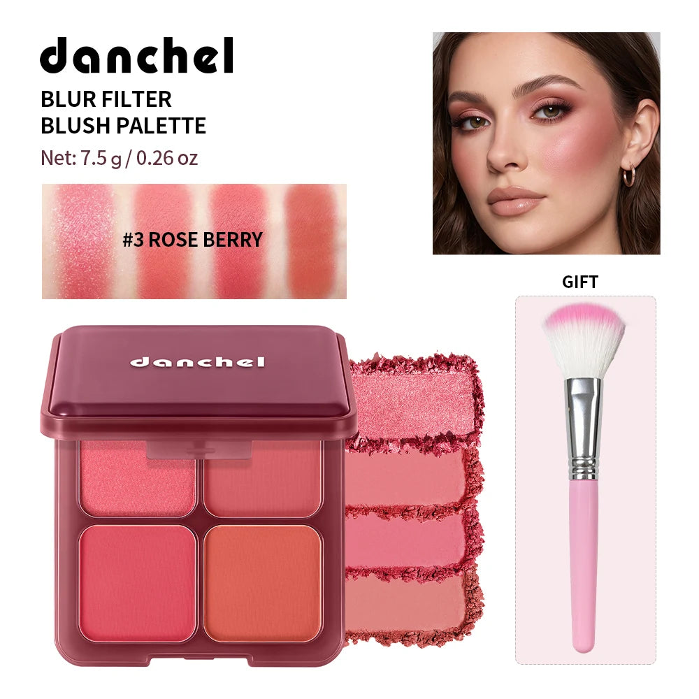 4-Color Matte Pigmented Blush Palette with Brush